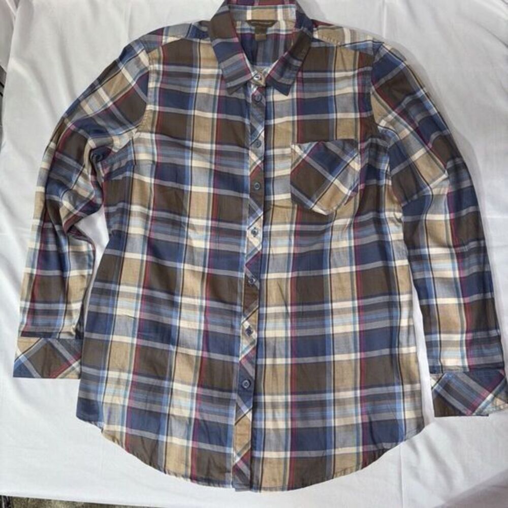 Bit & Bridle Womens Plaid Button‎ Down Shirt Blue Brown Long Sleeve Large